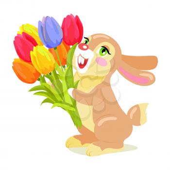 Milk chocolate bunny with luxury bouquet of tulips isolated on white background. Vector illustration of sweet gifts, greeting card with holiday mascot. Festive emblem of hare animal in cartoon style