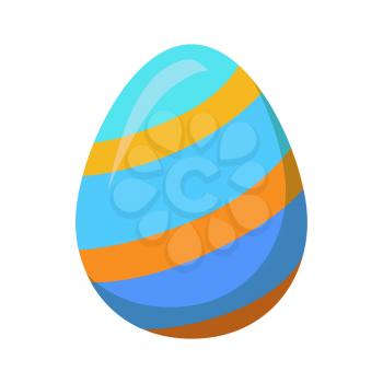 Easter egg isolated on white background. Holiday mascot oval shape, blue egg with golden stripes or lines. Vector illustration of chocolate sweet candy present in cartoon style with ornamental decor