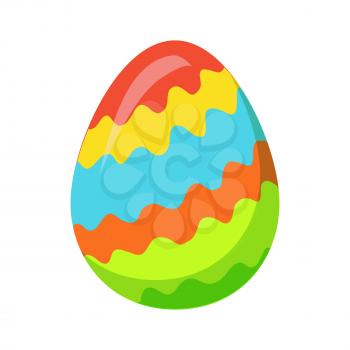Easter egg isolated on white background. Holiday mascot oval shaped, ornamental zigzag lines of yellow, red, blue, orange and green colors. Vector illustration of chocolate sweet candy in cartoon style