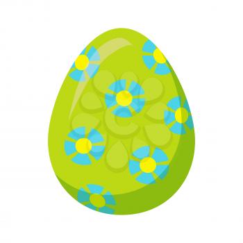 Easter egg isolated on white background. Holiday mascot oval shape, green egg decorated with blue flowers with yellow center. Vector illustration of chocolate sweet candy present in cartoon style