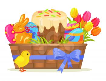 Sweet cake, chocolate bunny, color eggs, yellow chicken on easter. Vector illustration of baked goody, bouquet of spring flowers, painted balls, sugary sweetness, green grass laying in brown basket.