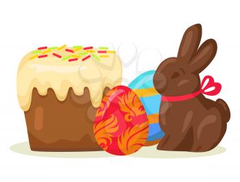 Traditional Easter treats vector illustration. Delicious Easter cake with creamy top, colorful eggs and chocolate bunny with red bow isolated on white background. Spring religious holiday celebration.