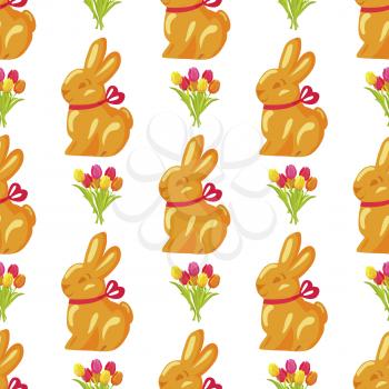 Seamless pattern with orange chocolate bunny and bouquet of tulip flowers on white background. Vector illustration of wallpaper design with sweet gifts on easter. Sweetness in form of holiday mascot.