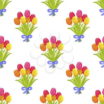 Seamless pattern with beautiful bouquet of seven multi colored tulips flat design on white background. Spring flowers with long green leaves decorated blue bow endless texture vector illustration