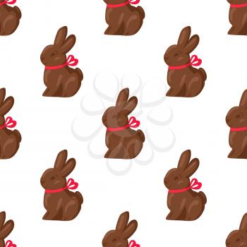 Seamless pattern of chocolate bunny with pink ribbon on white background. Vector illustration of endless structure with sweet gift on easter. Wallpaper wrapping paper design with nice sweetness