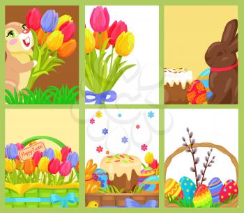 Easter openings with chocolate bunny, colored eggs, bouquet of multicolored tulips on six cards. Festive cake, willow branch, blue and red ribbons, green grass, wicker baskets vector illustration.