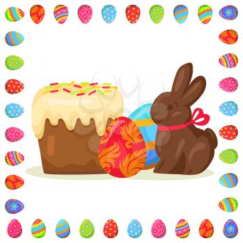 Traditional Easter treats vector illustration. Delicious Easter cake, chocolate bunny with red bow in decorative frame made of eggs isolated on white background. Spring religious holiday celebration.