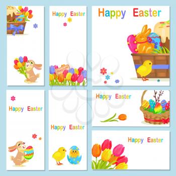 Concept of happy easter yellow chicken, spring flowers, cheerful bunny on white background with text. Wicker basket with willow branch, painted eggs, green grass, chocolate dessert vector illustration
