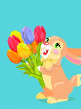 Cute bunny with red fur holding bouquet of colorful tulips cartoon vector. Romantic gift concept with scented flowers posy and fluffy animal for easter, valentines, mother day greeting cards design