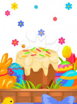 Easter festive concept with sweet paschal kulich, chocolate bunny, painted eggs and tulips in wicker basket vector. Blessed bread, sweets and flowers illustration for greeting cards design