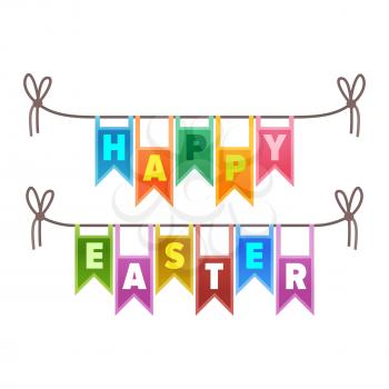 Happy Easter congratulation sign vector illustration. Colorful letters on rope isolated on white background. Party decoration for festive atmosphere. Adornment for spring holiday celebration.
