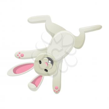 Smiling white bunny head over heels isolated on white. Easter symbol with pink long ears, open mouth and two teeth standing upside down. Vector illustration of lovely spring mascot in cartoon style