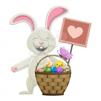 Cartoon cute Easter bunny stands with board with heart icon and basket with painted eggs, spring chiken and cake isolated on white background. Friendly holiday animal with traditional treats.