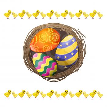 Colored eggs with wavy, curly and stars patterns in bird nest with chickens isolated on white. Traditional symbols of Easter vector illustration. Spring religious holiday bright edible attributes.