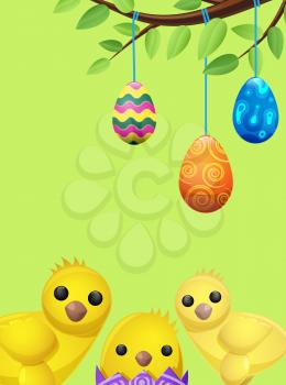 Set of easter chicken and suspended color eggs isolated on green. Three multicolor balls tied on tree branch. One poult sits in purple shell. Vector illustration flat design drawn pattern for web.