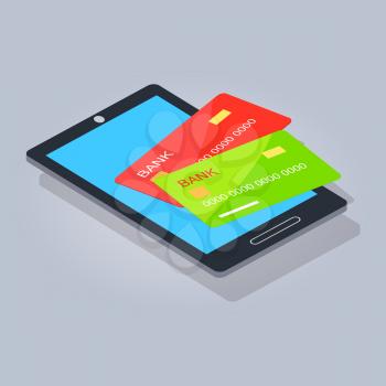 Green and red payment card lying on mobilephone or tablet graphic web design isolated on gray. Cash on plastic carrier. Vector illustration of e-commerce cartoon style realistic material figure.