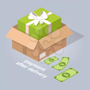 Payment after delivery online shop service. Box with present inside and dollars near isolated on grey background with sign. E commerce advertising vector illustration. Profitable Internet proposition.