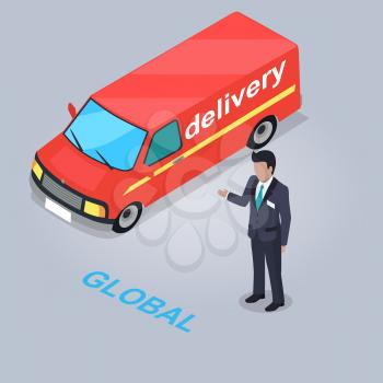 Global delivery service vector illustration. Red bus with online shop purchases and Internet assistant in suit isolated on grey background. Fast and safe delivery of purchases to any destination.