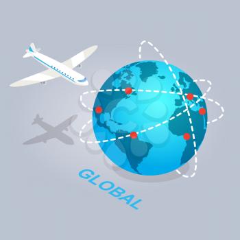Global spread of e-commerce picture. Big white plane flies by Earth on which red points connected by strokes isolated on grey background with sign. E commerce advertising vector illustration.