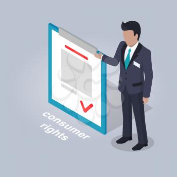 Consumer rights representation. Businessman stands and points on document with consumer rights isolated on grey background. E-commerce advertising vector illustration. Safe Internet shopping concept