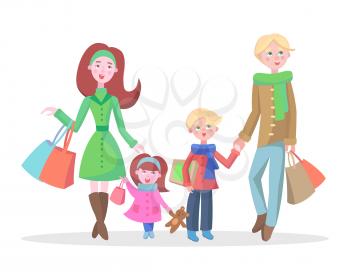 Family shopping concept isolated on white. Young man and woman make purchases with kids cartoon flat vector illustration. Father and mother buying gifts on winter holiday sale with son and daughter
