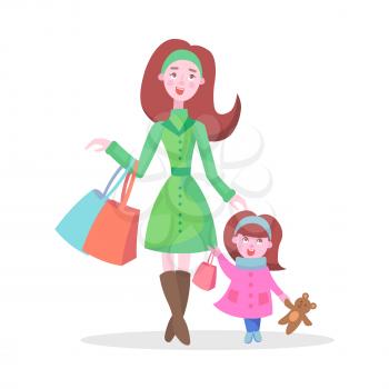 Family shopping cartoon concept isolated on white background. Young red-haired woman make purchases with child flat vector illustration. Mother buying gifts on winter holiday sale with little daughter