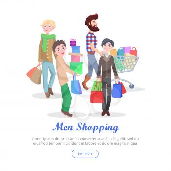 Men shopping conceptual banner. Group of male characters with trolley, paper bags and boxes buying gifts vector illustrations on white background. Holiday shopping concept for sale promotions web page