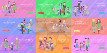 Set of different kinds of shopping in storehouses. Romantic families with kids, men and women on valentine shopping. Vector illustration of happy big families and couples in stores.