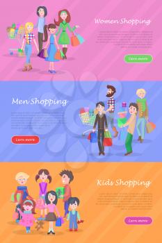People shopping banners set. Group of joyful women, man, and kids make purchases flat vector illustrations. Horizontal concepts with male and female cartoon characters for sale promotions web page