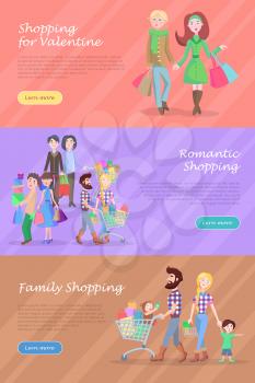 Family shopping banners set. Father and mother cartoon characters  make purchases with daughter and son flat vector illustration.  Horizontal concepts with big family for sale promotions web page