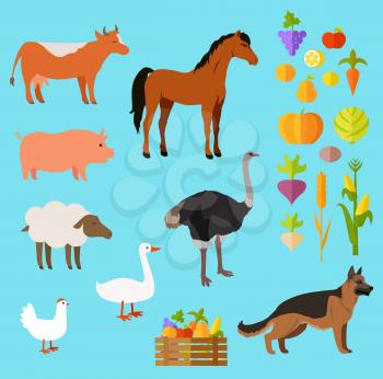 Domestic animals vector set of red cow, brown horse, pink pig, dark ostrich, light sheep, white goose and hen, black-brown dog near fruit and vegetables in and out of basket on blue background