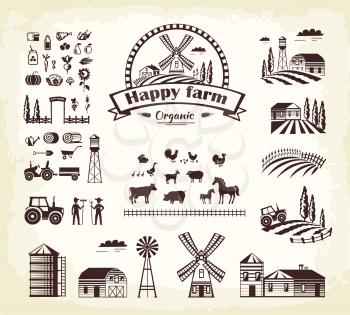 Set of happy farm organic production in cartoon style. Vector illustration of animal husbandry, plant growing, tools and machines for cultivating and processing. Icon for web hand drawn pattern.
