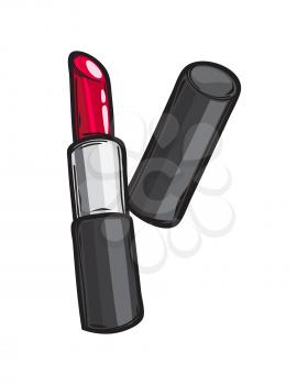 Classic saturated red glossy lipstick in black tube isolated on background. Bright tone for gorgeous evening maquillage or fresh summer look. Make up beauty tool vector illustration.