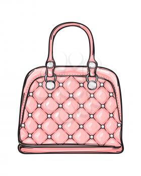 Trendy leather pink women bag with white rivets isolated on background. Fashionable accessory for chic, elegant and casual outfits. Vector illustration of glamorous and smart handbag.