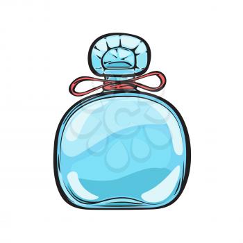 Blue glass bottle of expensive perfume with small red bow and carved lid isolated on background. Trendy smell in refined container. Vector illustration of pleasant women aromatic mean.