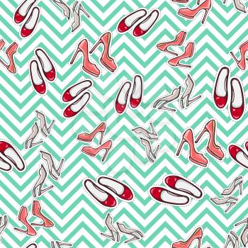 Seamless pattern of high heel shoes. Fashionable footwear. Lady s stylish footwear. Shoes for warm season. Red, pink and beige. Cartoon style. Flat design. Collection of different footgear. Vector