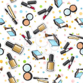 Makeup products set seamless pattern. Cosmetics. Nail polish. Face powder in round back case with mirror. Eyeshadows palette. Face Brush. Red lipstick. Pockmarked background. Cartoon style. Vector