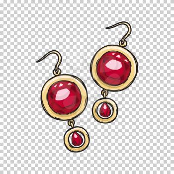 Luxurious gold earrings with natural ruby stone isolated on transparent background. Gorgeous accessory for evening dress. Expensive women jewelry vector illustration. Vintage eardrops for night out.