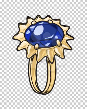 Luxurious gold ring with natural blue stone isolated on transparent background. Gorgeous accessory in form of flower. Expensive women jewelry vector illustration. Vintage ring for elegant outfit.