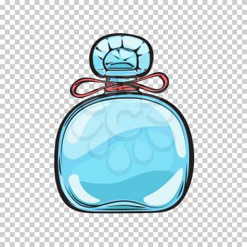 Blue glass bottle of expensive perfume with small red bow and carved lid isolated on transparent background. Trendy smell in refined container. Vector illustration of pleasant women aromatic mean.