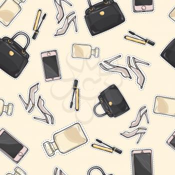 Collection of women accessories. Black purse. Dark mascara. Cellphone. High-heeled shoes. Perfume in light flask. Cartoon design. Seamless pattern. Endless texture. Poster. Fabric. Flat style Vector