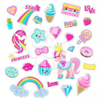 Girls fairy stickers set. Cute cartoon pony princes, sweets and toys flat vector icons isolated on white background. Various decorative elements in pink colors for kids greeting cards