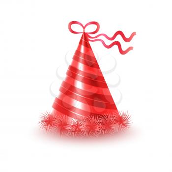 Brightly decorated with ribbon and fluffy pompons party hat. Striped red conical paper cap for festive costumes isolated vector illustration. Birthday or New Year party dressing accessory icon
