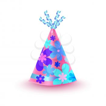 Brightly decorated with twisted ribbons and blue flowery pattern party hat. Pink conical paper cap for festive costumes isolated vector illustration. Birthday or New Year party dressing accessory icon