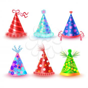 Decorated with ribbons and pompons party hats set. Stripped, spotted and ornamented paper caps for festive costumes isolated illustrations. Birthday or New Year party dressing element vector icons