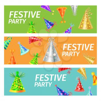Festive Party poster with different color festive caps on three-colored background, green, orange and blue. Vector illustration of invitation to big party. Banners for funny holiday celebration