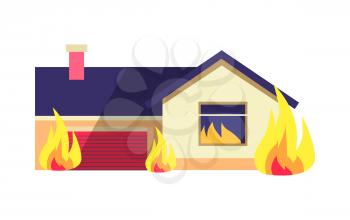 Burning building isolated on white background. House consists of dwelling place and one garage in terrible situation. Vector cartoon illustration of destruction of residential building with fire.