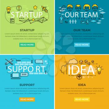 Our team startup and idea support vector creative web colourful poster. Business concept pictures with modern and futuristic signs of gadgets, human faces, useful ideas and information below