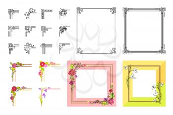 Decorative colorful frame collection on white. Vector poster of square adorned with flowers and other festive attributes borders and their parts. Frames presents concept for holiday celebration