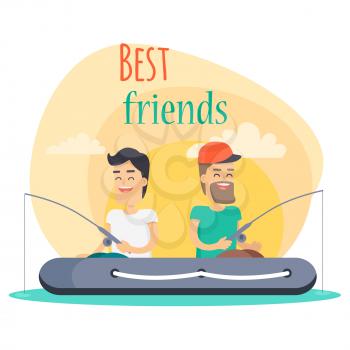 Best Friends, one brunette and other in cap and with beard, sit in one inflatable boat and do fishing on orange sky as background with sign. Vector illustration of friendship and having fun together.